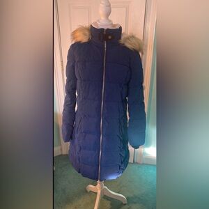 St. John's Bay Navy Puffer Coat with Faux Fur Trim